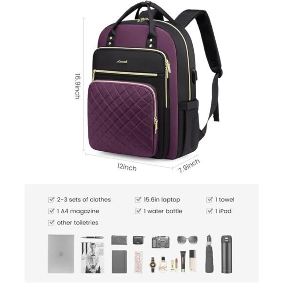 Laptop Backpack Purse for Women, 15.6" Laptop Bag for Travel with USB - Picture 2 of 7